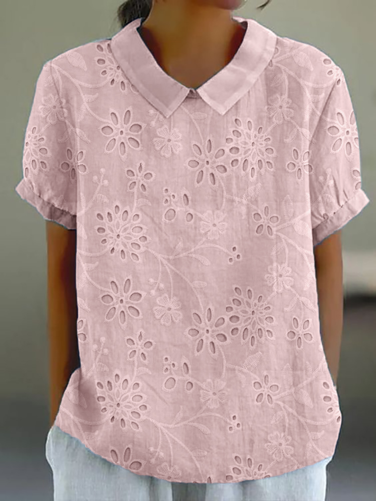 Floral Embroidered Hollow Lace Linen Blend Tunic