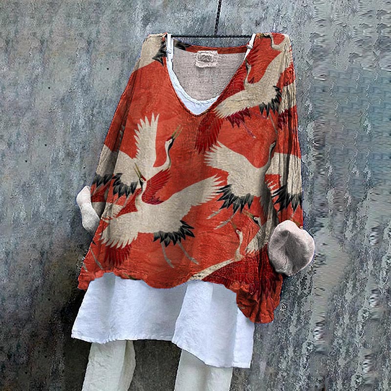 Japanese Art Crane Print V-Neck Loose Blouse