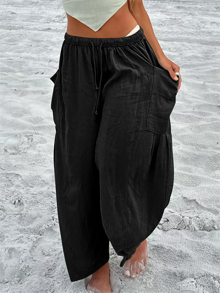Patch Pockets Pleated Flowy Wide Leg Pants