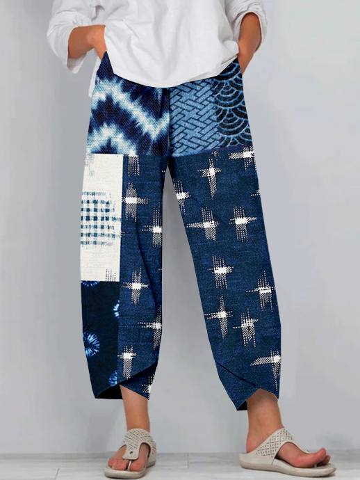 Vintage Japanese Patchwork Pattern Cropped Casual Pants