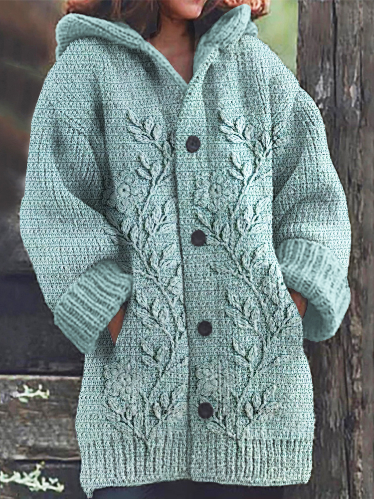 Forest Floral Embroidery Cozy Hooded Cardigan