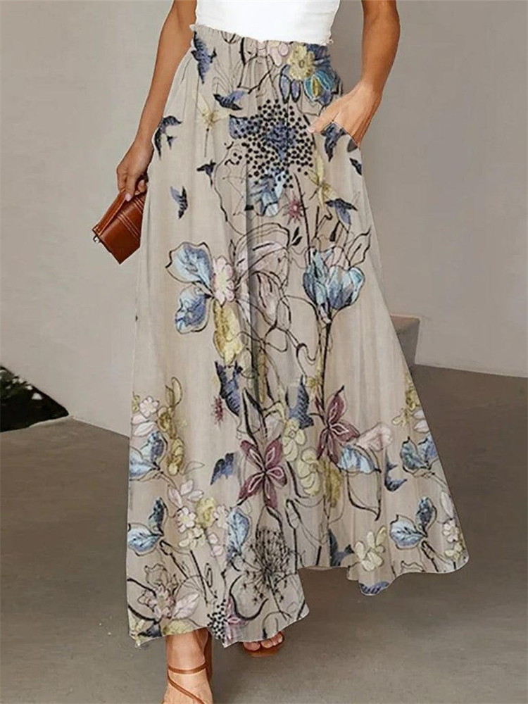 Vintage Elegant Floral Print Women's Flowy Long Skirt