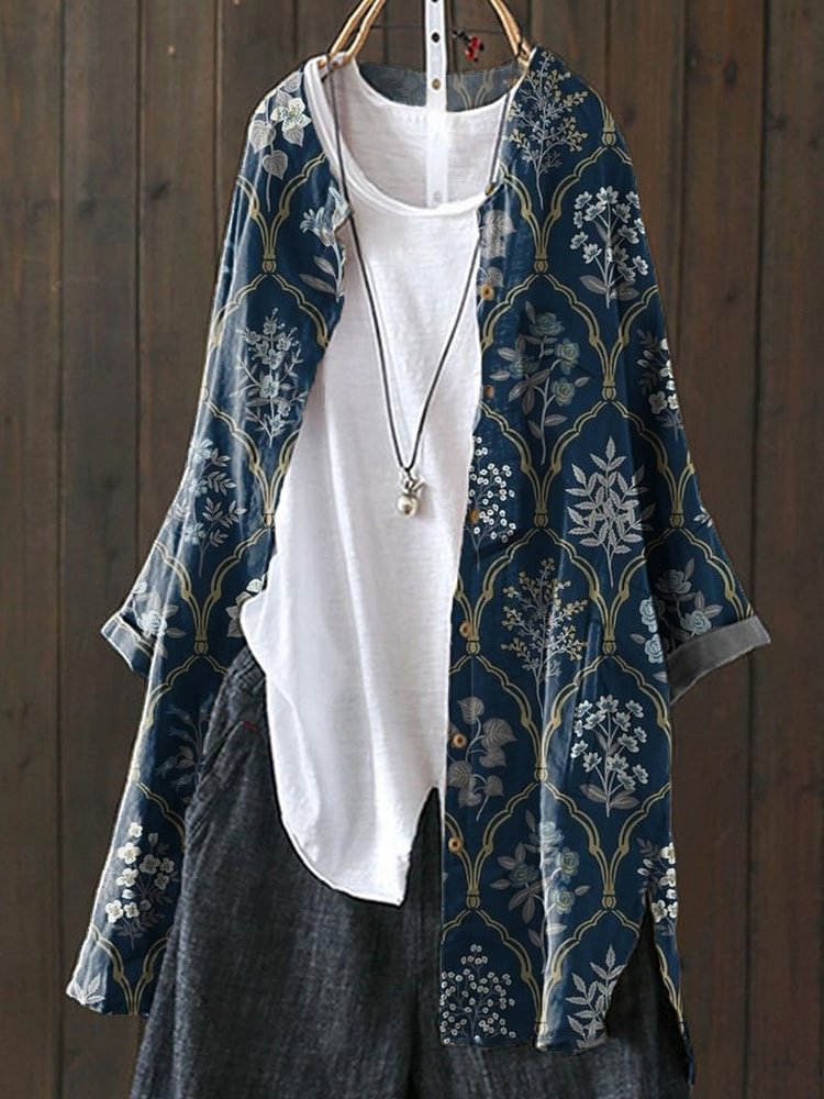 Vintage Floral Print Casual Loose Cardigan