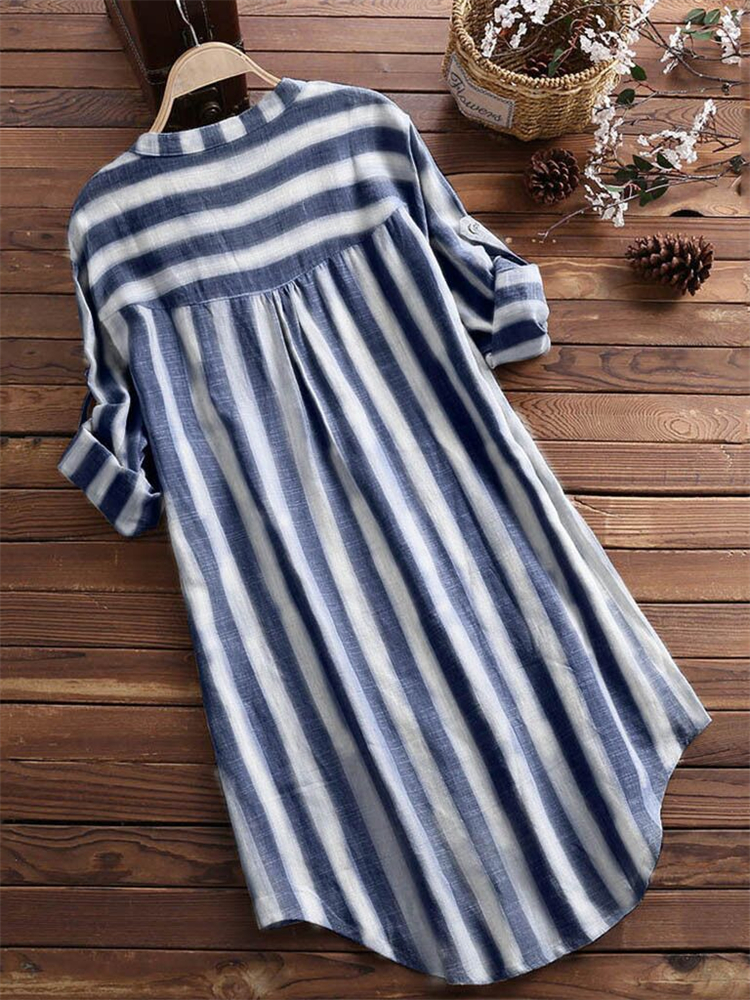 Striped Roll Tab A Line Long Blouse
