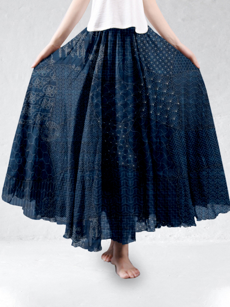 Japanese Traditional Sashiko Art Linen Blend Flowy Wide Skirt