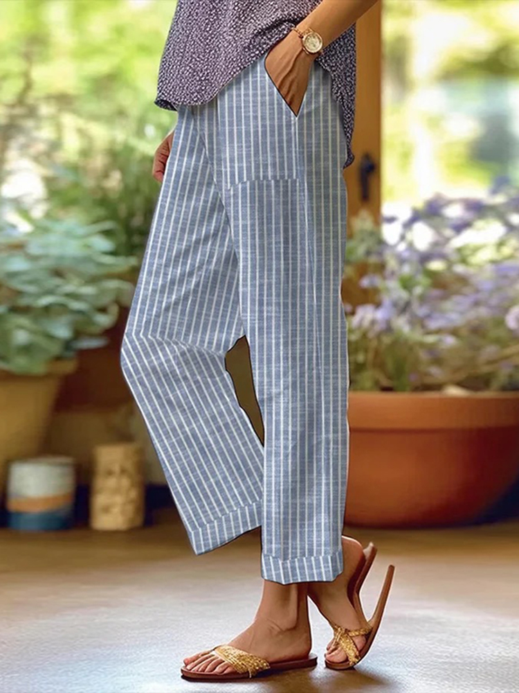 Women's Retro Striped Design Loose Pocket Patchwork Linen Casual Pants