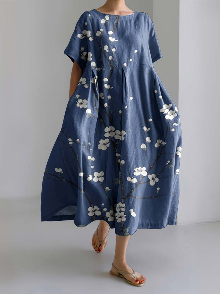 Japanese Art Blossom Printed Crew Neck Casual Midi Dress