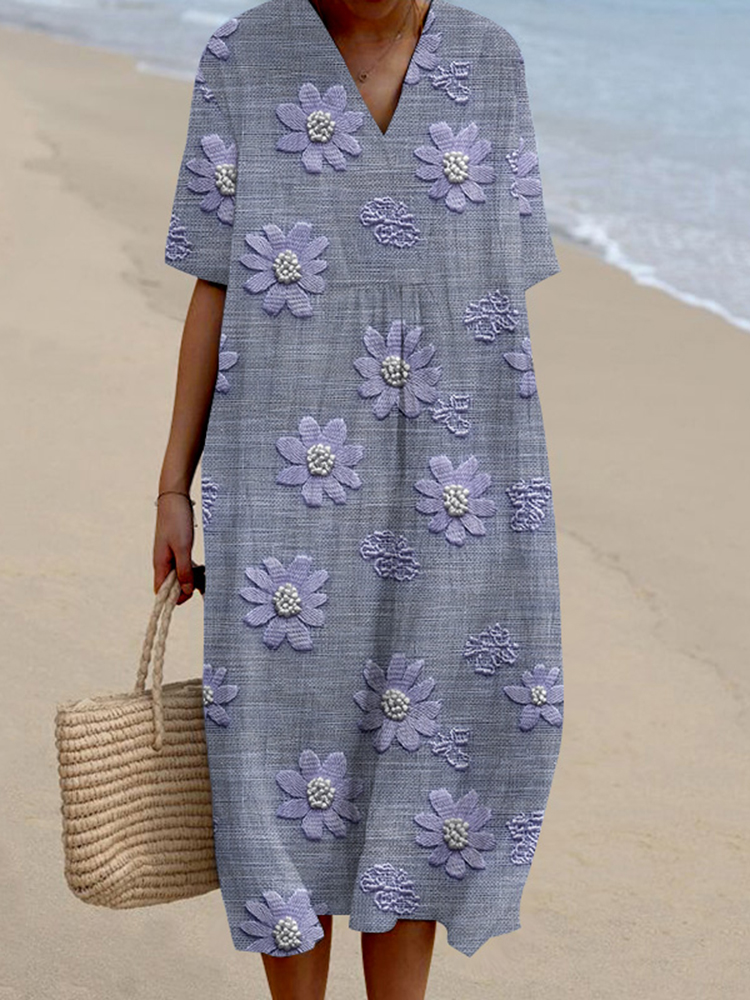 Lace Floral Print V-Neck Loose Midi Dress