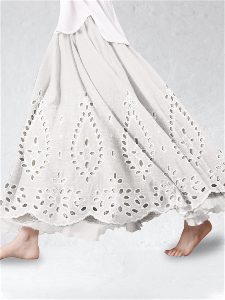 Floral Hollow Embroidered Lace Linen Blend Flowy Skirt