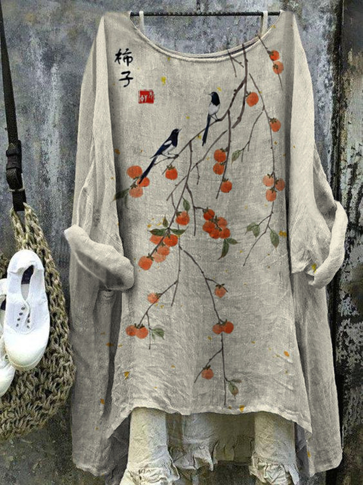 Women's Japanese Art Birds Loose V Neck Casual Shirt
