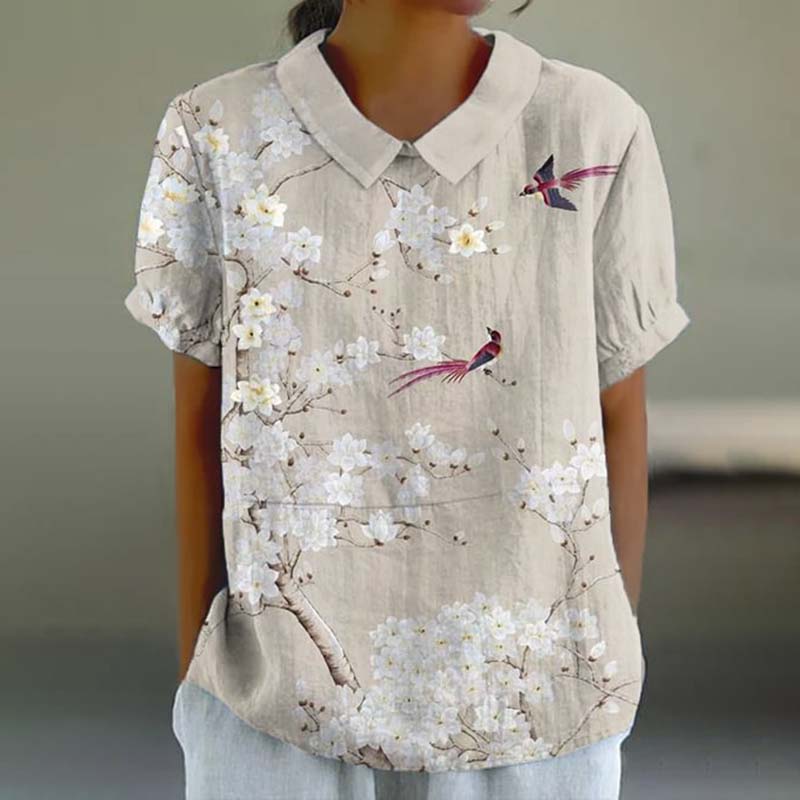 Floral Bird Print Short Sleeve Casual Blouse