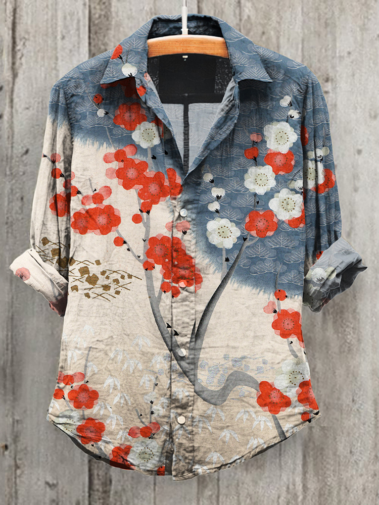 Japanese Art Sakura Print Casual Shirt