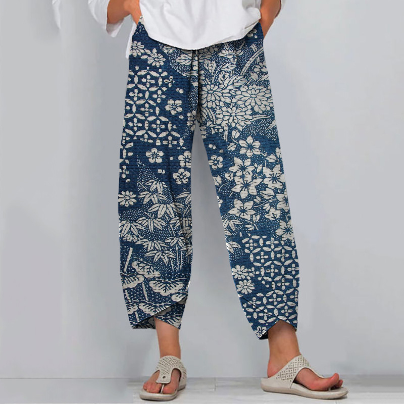 Vintage Japanese Art Flower Print Casual Pants