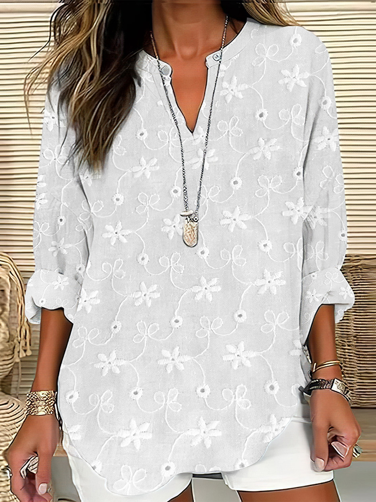 Floral Embroidery Art Print Linen Blend V-Neck Blouse