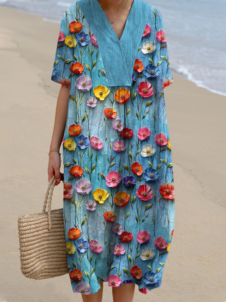 Oil Painting Floral Pattern Linen Blend Dress