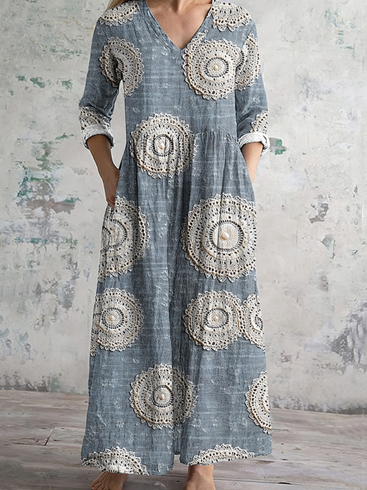 Embroidered Art Print V-Neck Casual Midi Dress