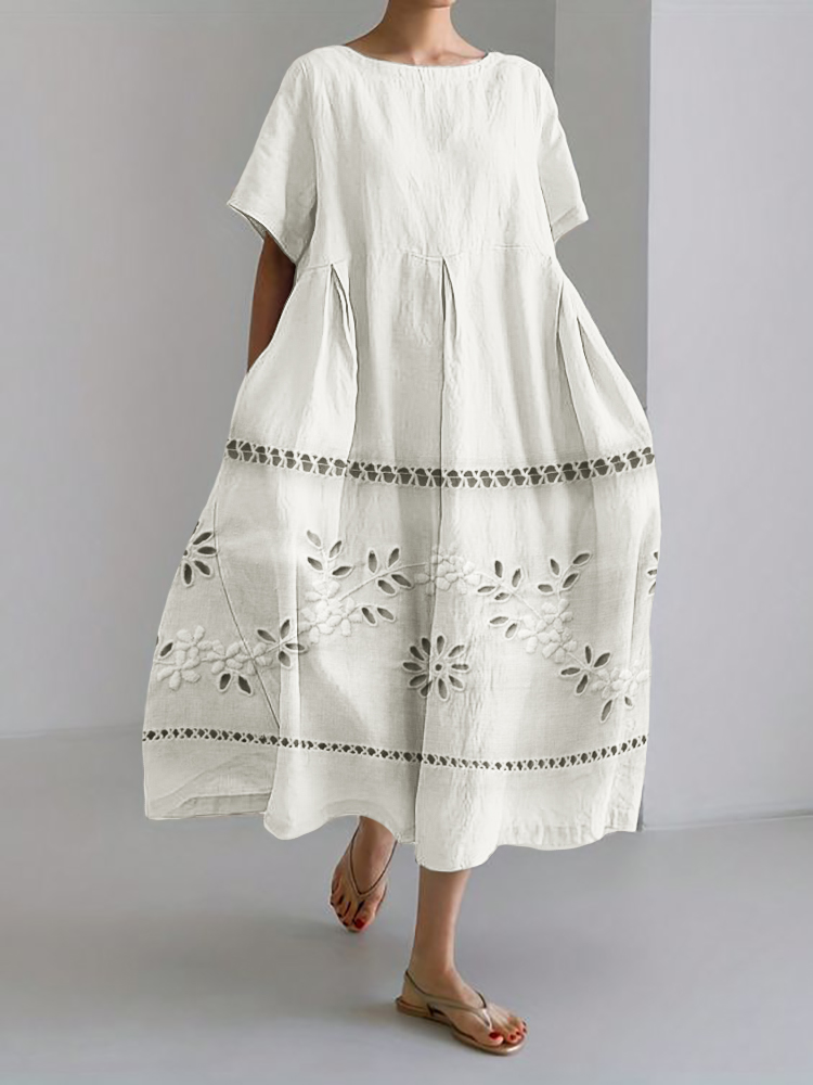 Vintage Floral Hollow Embroidered Linen Blend Maxi Dress
