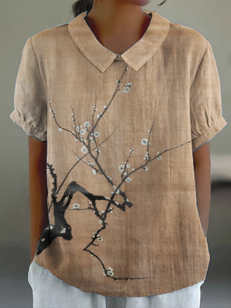 Simple Plum Blossom Japanese Art Linen Blend Tunic