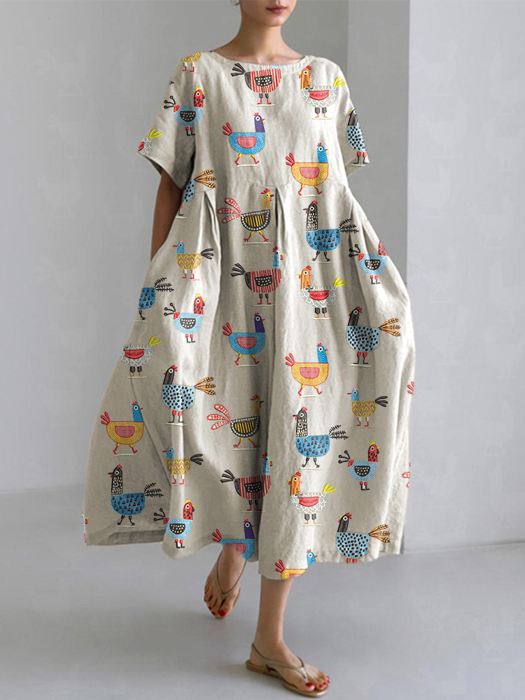 Funny Farm Chicken Embroidery Pattern Linen Blend Dress