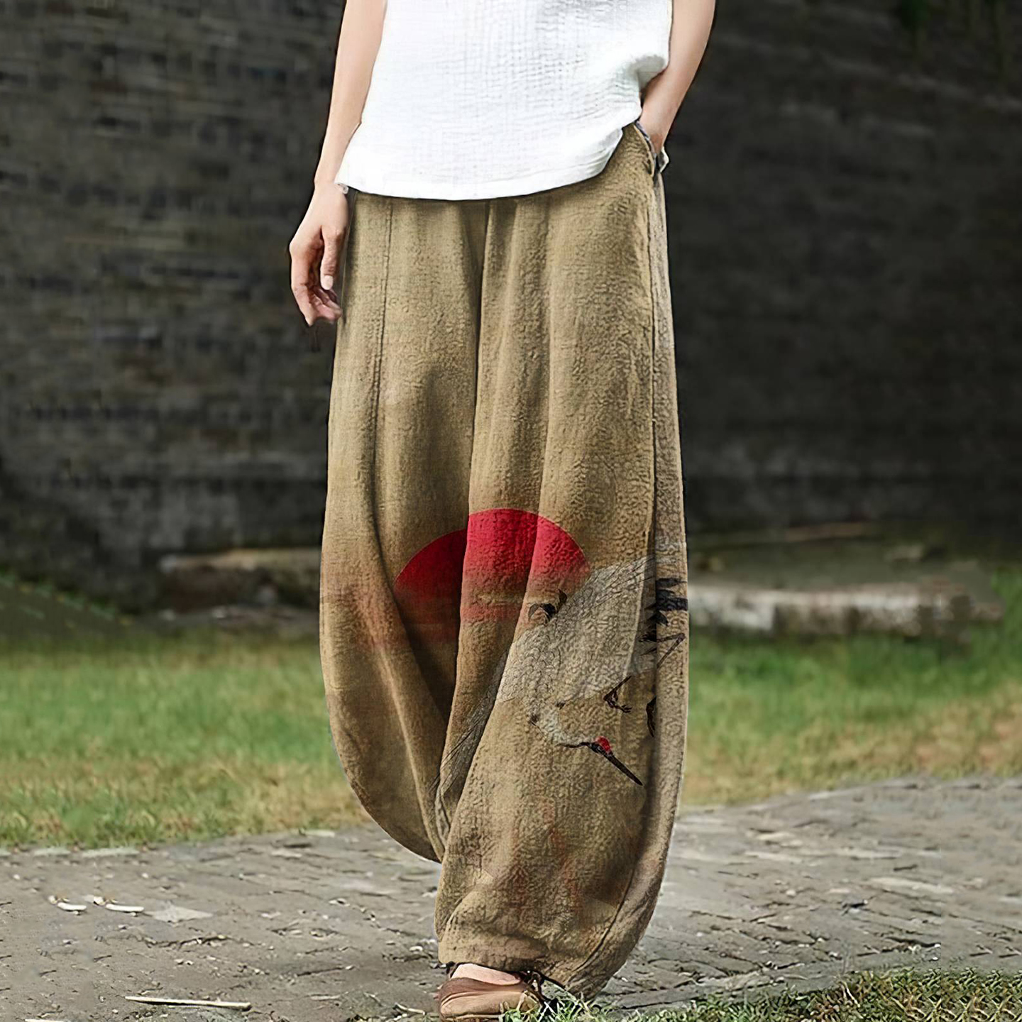 Women's Japanese Sunset Crane Pocket Loose Casual Pants