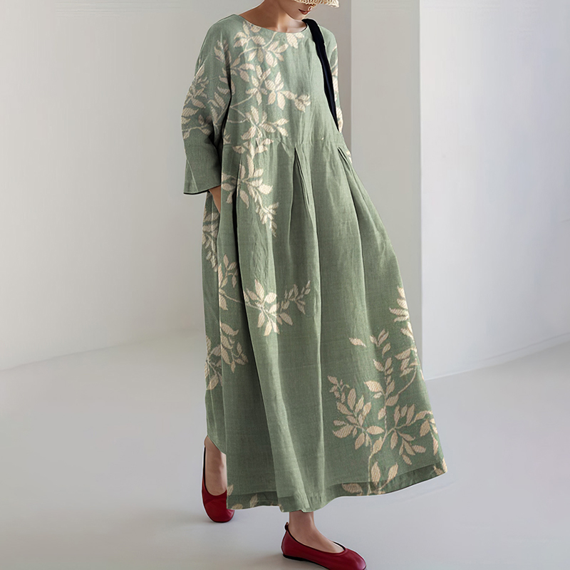 Japanese Art Flower Print Long Sleeve Casual Midi Dress
