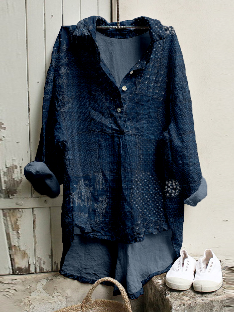 Japanese Traditional Sashiko Art Linen Blend High Low Tunic
