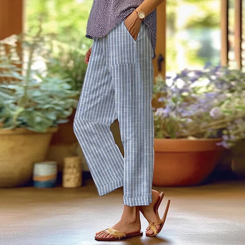 Women's Retro Striped Design Loose Pocket Patchwork Linen Casual Pants