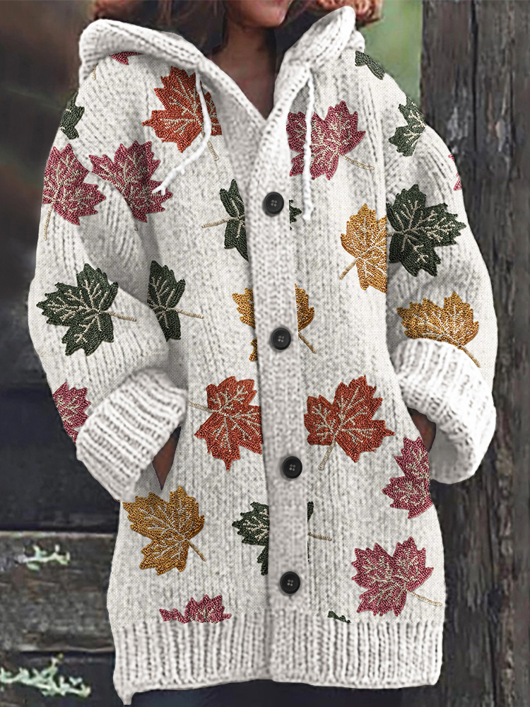 Autumn Fallen Leaf Print Casual Women's Cardigan Sweater
