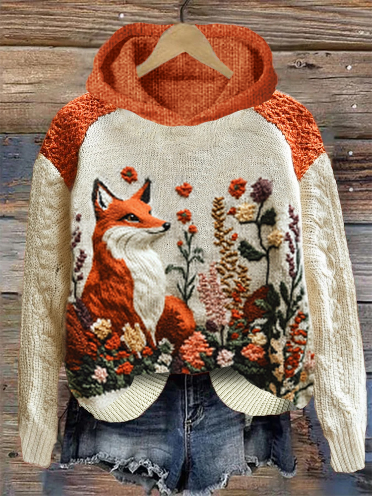 Fall Fox & Flowers Knit Art Cozy Hooded Sweater