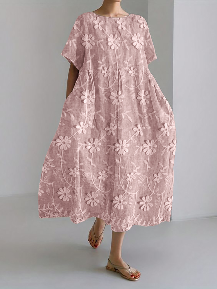 3D Daisy Floral Embroidered Lace Linen Blend Maxi Dress