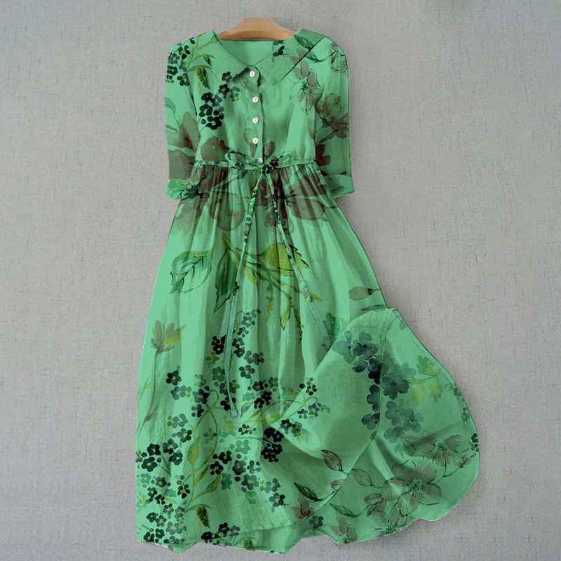 Elegant Japanese Art Floral Print Lace-up Casual Midi Dress