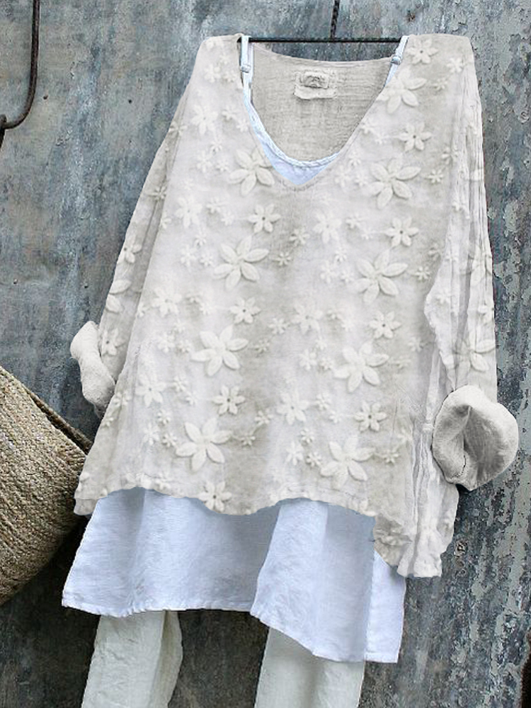 Floral Lace Embroidered Linen Blend Tunic