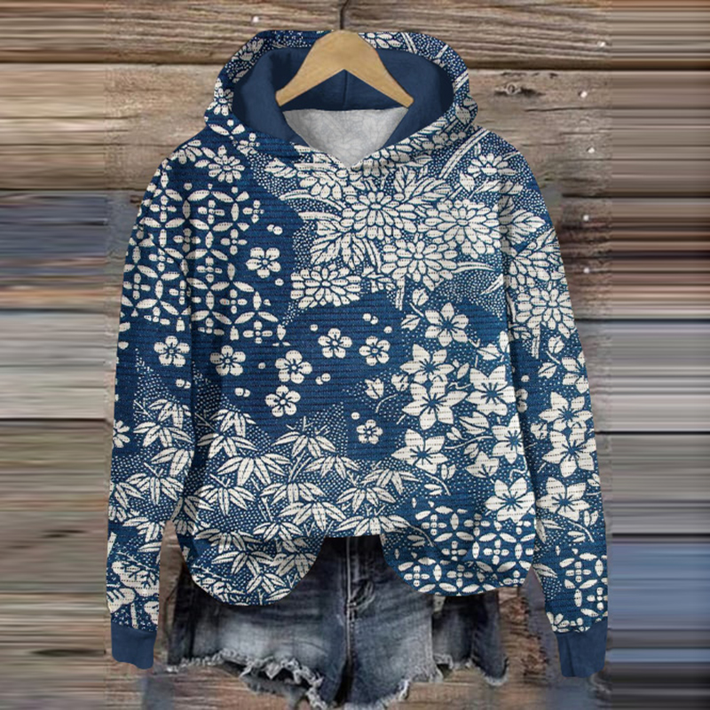 Vintage Japanese Art Flower Print Casual Hoodie