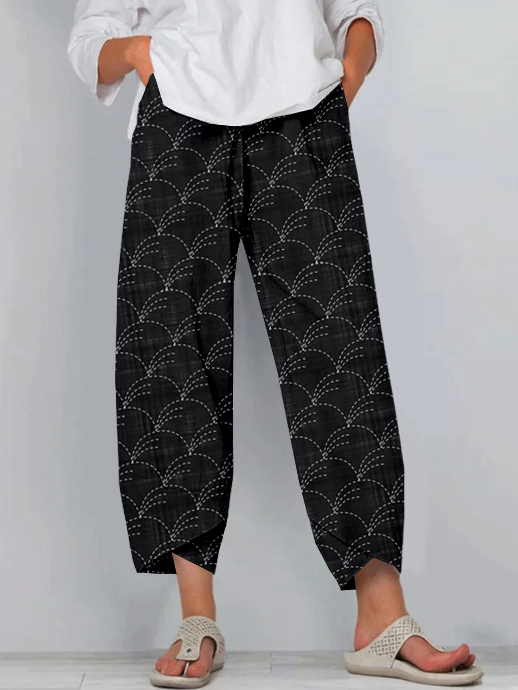 Traditional Japanese Sashiko Art Cropped Casual Pants