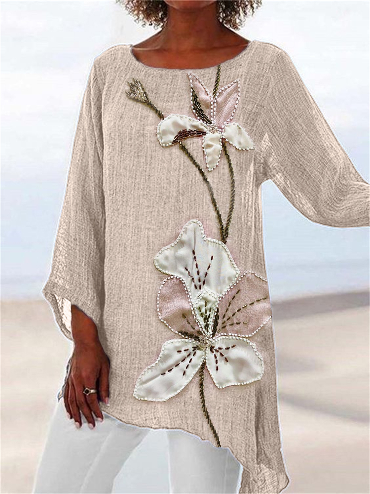 Classy Flowers Fiber Art Linen Blend Flowy Tunic