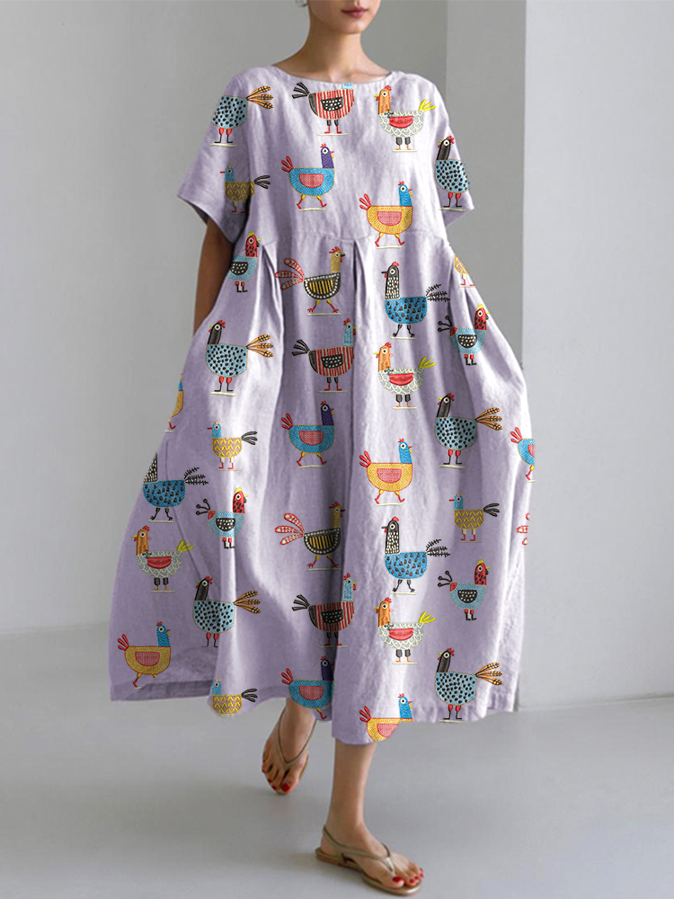 Funny Farm Chicken Embroidery Pattern Linen Blend Dress