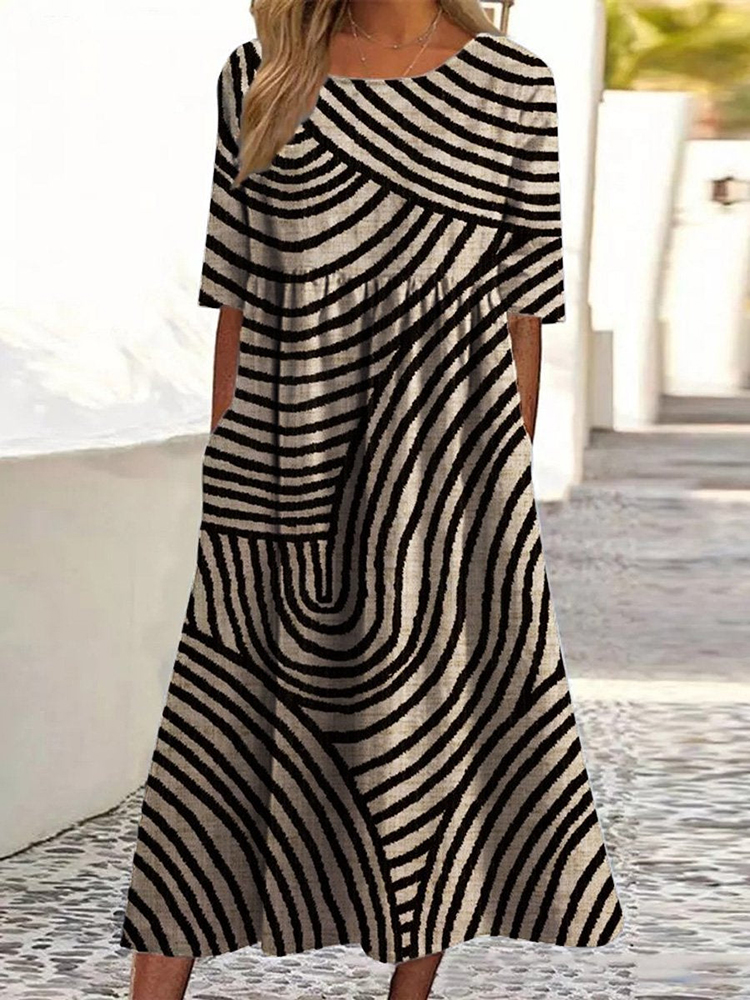 Vintage Geometric Stripes Art Linen Blend Maxi Dress