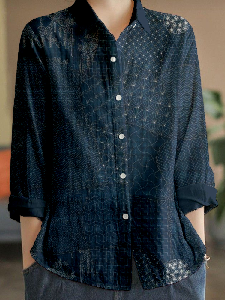 Japanese Traditional Sashiko Art Linen Blend Blouse