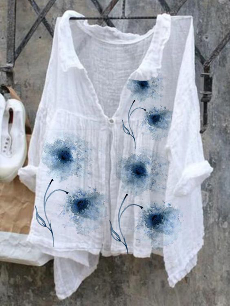 Vintage Floral Art Cotton Linen Button V Neck Casual Shirt