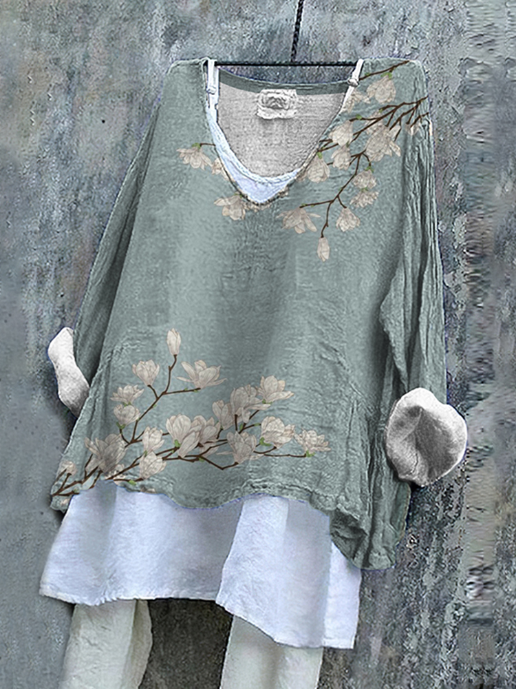 Vintage Floral Cotton Linen V Neck Casual Shirt