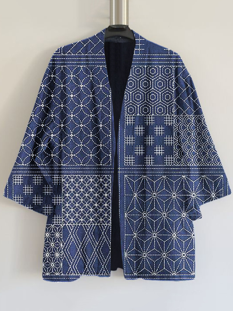 Vintage Japanese Traditional Sashiko Art  Print Linen Blend Kimono Cardigan