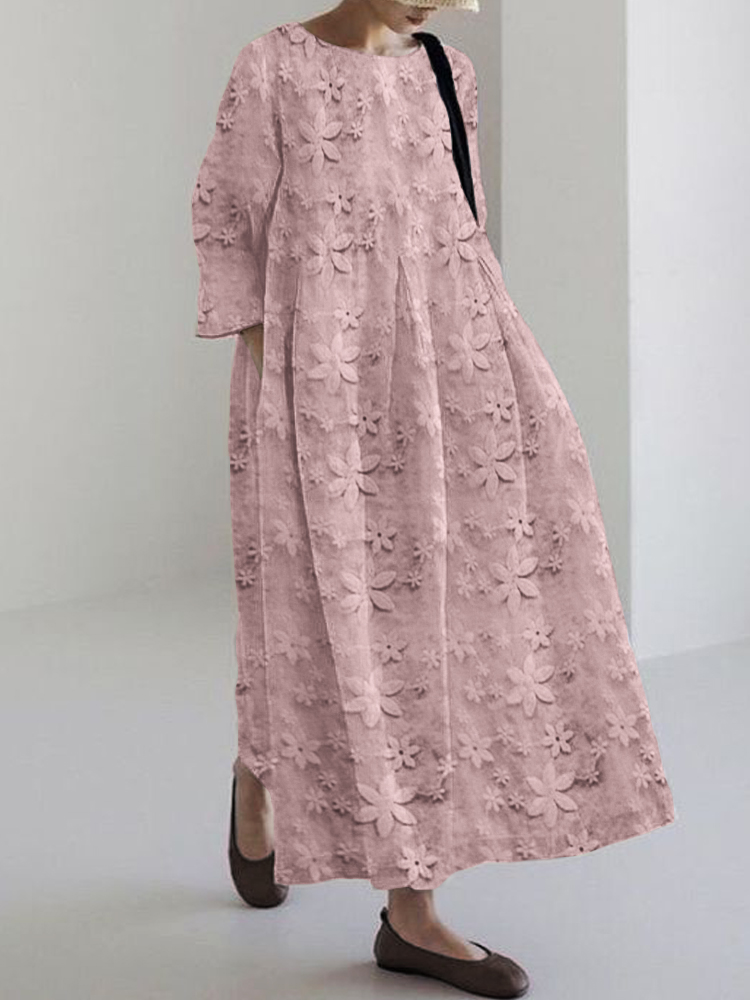 Floral Lace Embroidered Linen Blend Maxi Dress