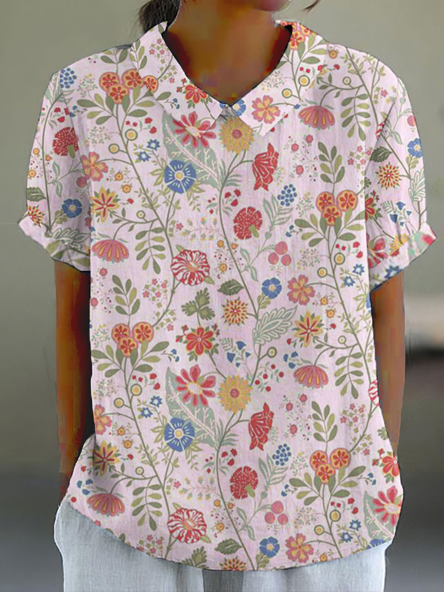 Women's Pastoral Floral Art Print Casual Cotton Linen Shirt