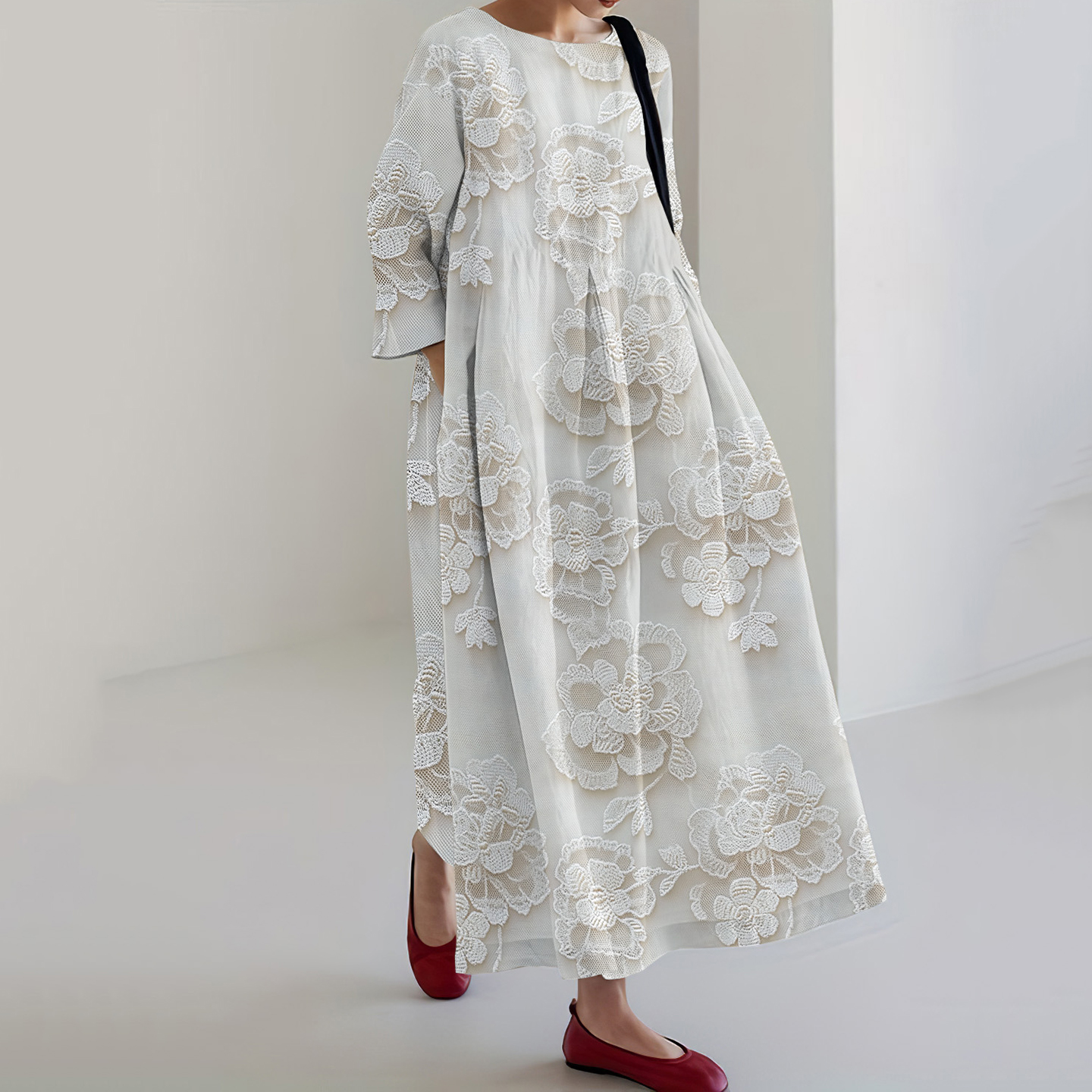 Lace Floral Print Round Neck Loose Midi Dress