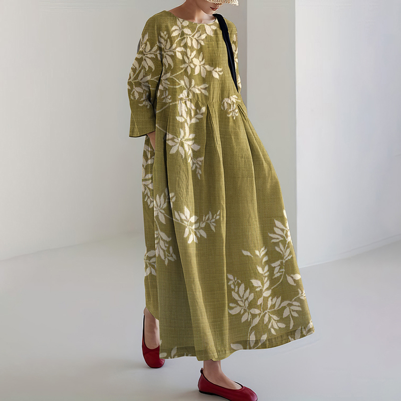 Japanese Art Flower Print Long Sleeve Casual Midi Dress