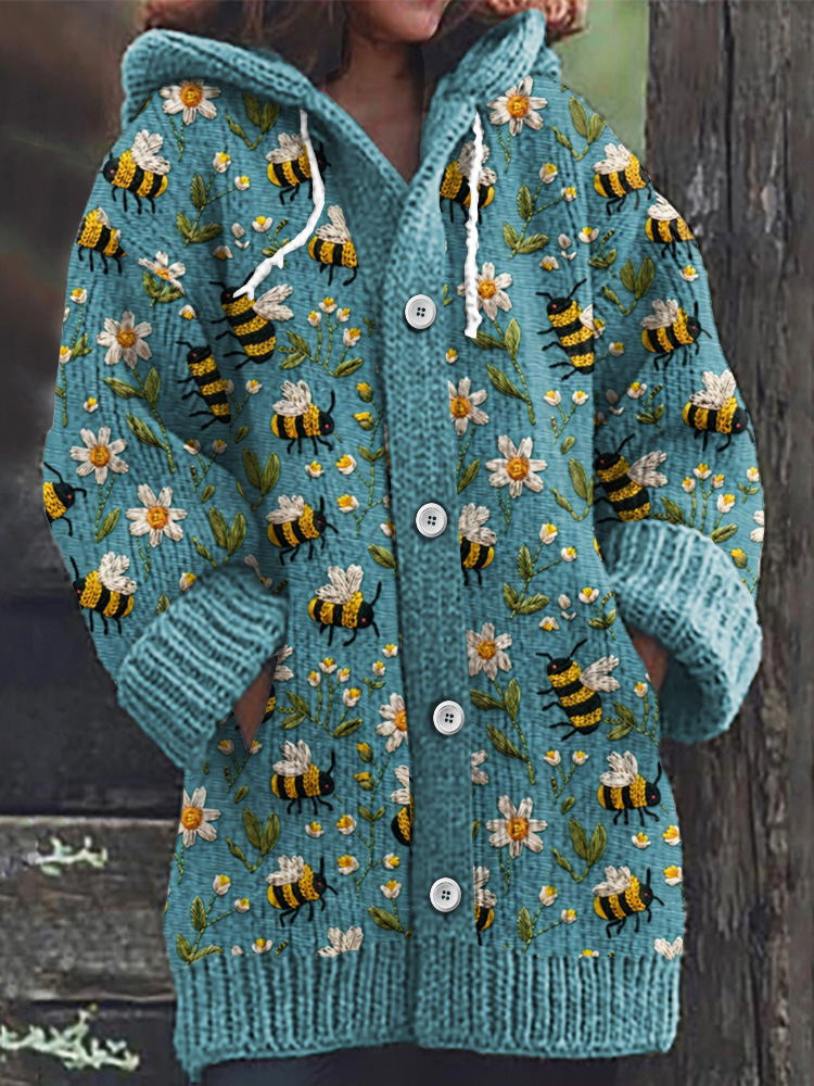 Daisy Bee Print Long Sleeve Knitted Hooded Cardigan