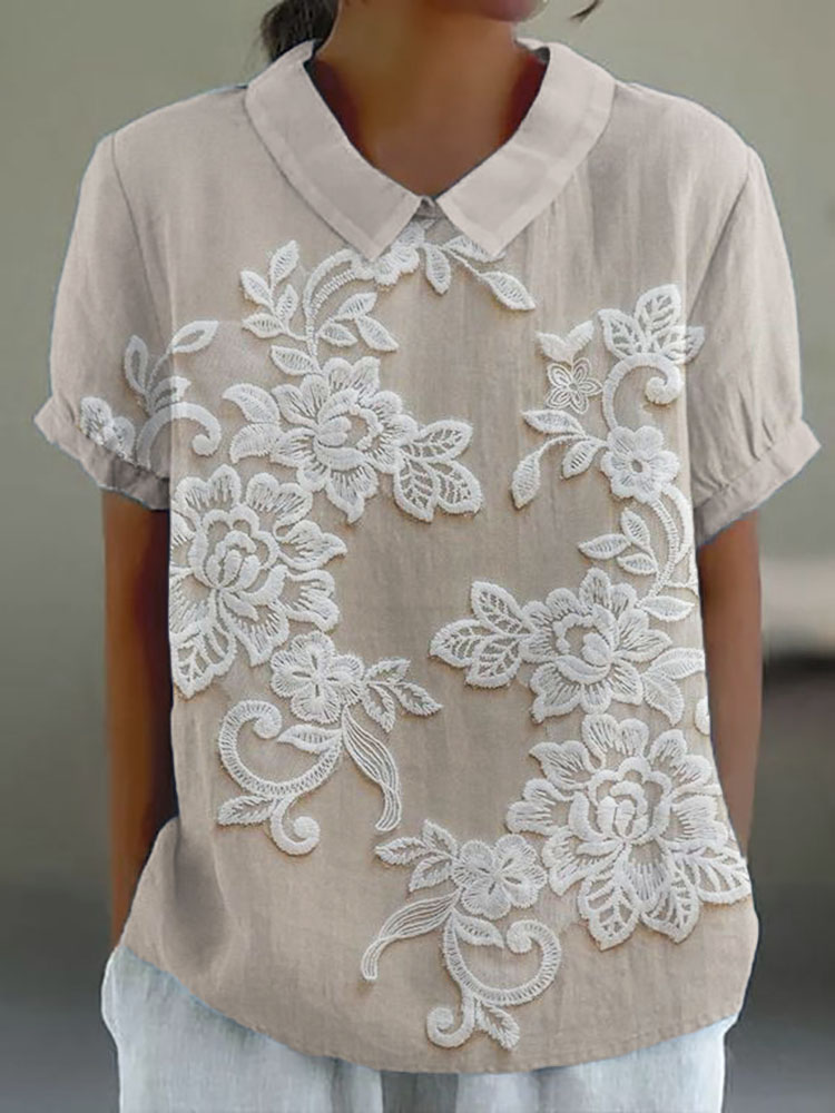 Vintage Floral Lace Embroidered Linen Blend Tunic