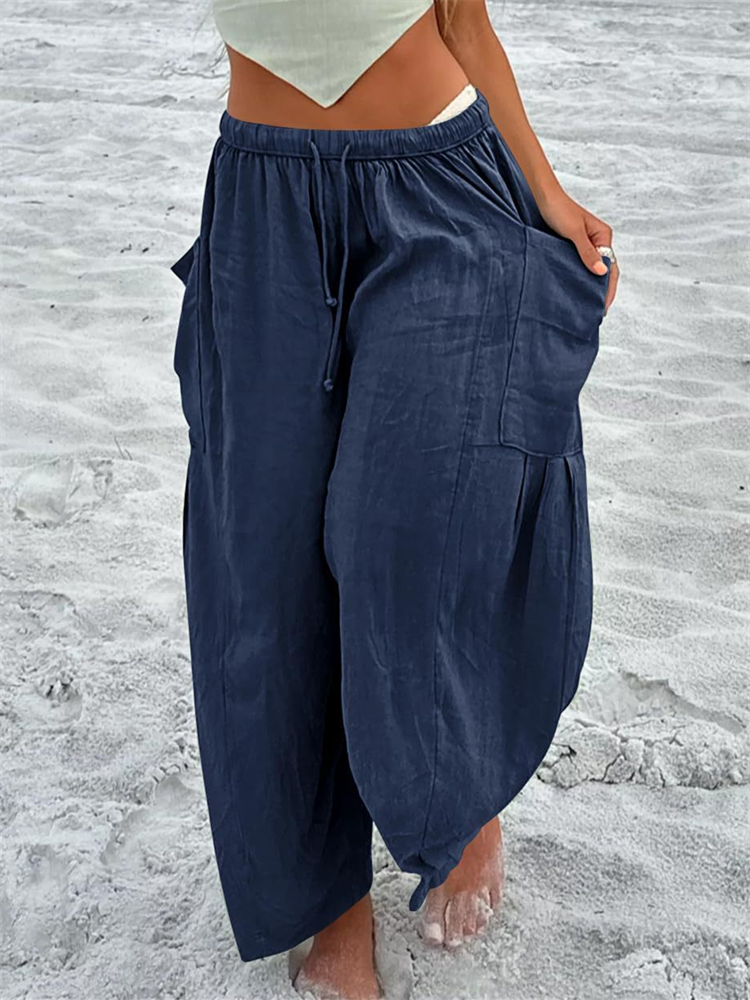 Patch Pockets Pleated Flowy Wide Leg Pants