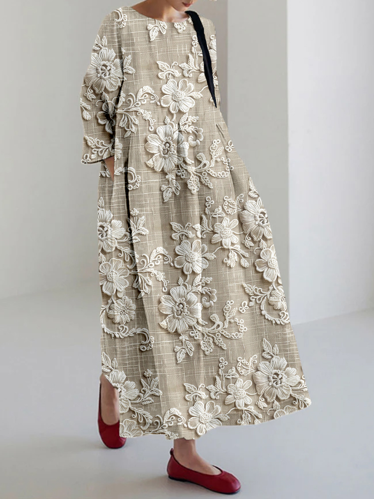 Elegant Floral Lace Embroidered Linen Blend Maxi Dress