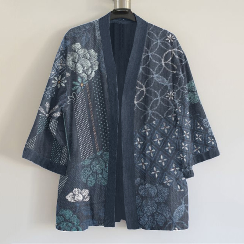 Japanese Traditional Sashiko Floral Art Pattern Art Print Linen Blend Kimono Cardigan